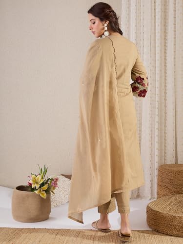 Image of INDO ERA Women's Straight Pure Cotton Floral Embroidered Kurta & Pant with Dupatta Set (IESTR10171)