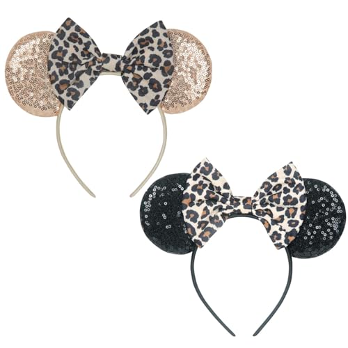 Croc Charms 2 Pcs Mouse Ears Headbands - Sequin Bow Mouse Ears Suitable for Daily Wear Amusement Park Trips Variety Holiday Parties Role Play and Accessories (Leopard Color)