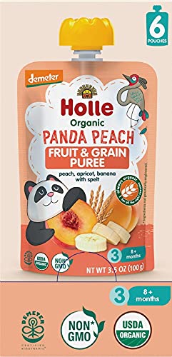 Holle Organic Baby Food - Panda Peach - Non GMO - peach, apricot, banana with spelt - Case of 6 Pouches