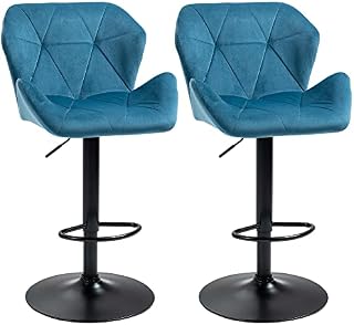 HOMCOM Bar Stools Set Of 2, Luxurious Velvet-Touch Barstools w/ Metal Frame Footrest Round Base Triangle Indenting Moulded Seat Adjustable Height Swivel Blue