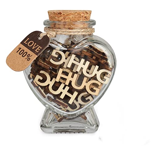 Hugs in a Jar,Jar of Hugs Gift for Birthday,Anniversary,Christmas,Valentine's Day,Thanksgiving. HUG Wooden Cutout Letter Gifts for Parents and Relatives,Friends.(HUG(Heart-shaped bottle))