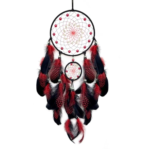 Donko Red and Black Dream Catcher Wall Decor Feather Dream Catchers with Luminous Bead Handmade Dreamcatcher Wall Hanging Ornament for Bedroom Living Room Home Decor