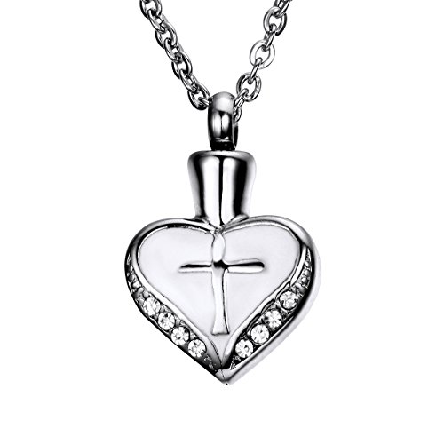 HooAMI Cross Heart Cremation Urn Pendant Memorial Ash Keepsake Stainless Steel Cubic Zirconia Necklace