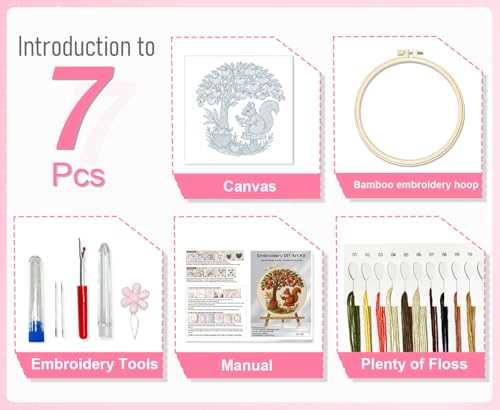 Image of Huacan Beginner Embroidery Kit for Adults, Easy to Learn Squirrel Embroidery Patterns Instruction, Needlepoint Kits for Adults Include Embroidery Hoop, Colorful Threads, Tools