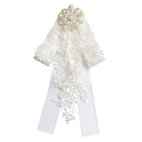 Image of Lace Ribbon Bow Tie Brooch Rhinestone Pearl Necktie for Girl Women Fashion jabot collar brooch pins Pre-Tied Corsage