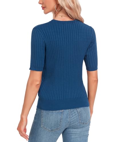 Women Short Sleeve Sweaters Casual 2025 V Neck Lightweight Pullover Knit Summer Tops Blouse3