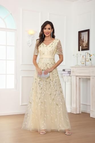 Sequin Mother of The Bride Dresses for Women Sparkly Short Sleeve V Neck Long Formal Evening Gown3