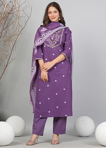 Image of Amayra Women's Pure Cotton Embroidered Straight Kurta Set with Palazzo Pants & Dupatta- Ethnic Wear
