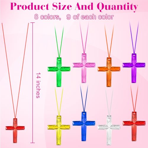 Mototo 72/240 PCS Christian Crystal Cross Necklace Plastic Cross Necklace Church Welcome DIY Crafts Christian Gift Bulk Religious Party Favors for Bible Sunday School Easter, 8 Colors2