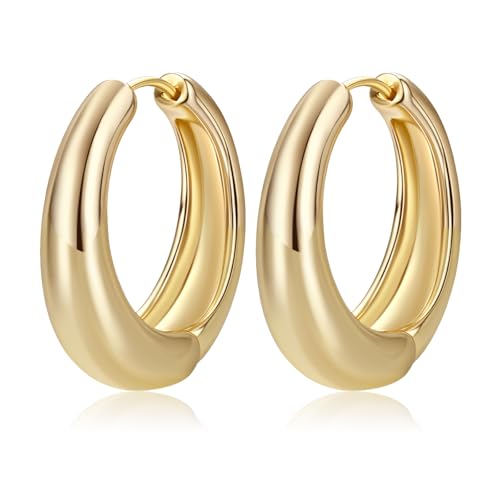 PerogeerJew 14K Gold Plated Hoop Earrings for Women Trendy, 30MM Medium Thick Costume Gold Chunky Womens Earring Hoops Non Tarnish Jewelry Gifts