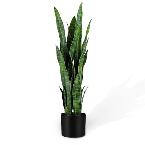 KOL 3ft Artificial Snake Plant, Fake Sansevieria Potted Plants, with Thick Lifelike Faux Leaves, Indoor Home Office Decor, Mother-in-Law Tongue Houseplant, 35in, Green by KOL - Image 8