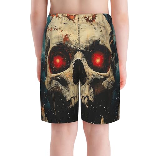Boys Beach Shorts Quick Dry Swim Trunks Board Surf Summer Teen Kids, Skull Red Eye Art4