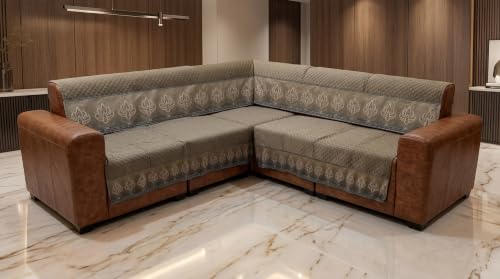 Image of KINGLY L-Shape Sofa Cover 5 Seater 3+2 Velvet Full Cover - Italian Mousse | Fully covered quilted velvet slipcover, washable anti-slip furniture protector, L-type corner sofa cover for living room