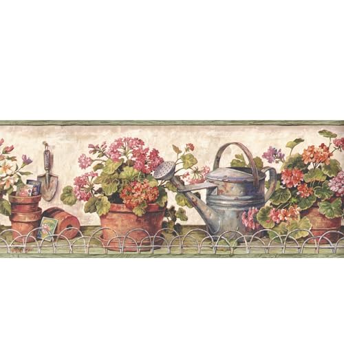 TRIMZ Wallpaper Border – Vintage Garden Geranium Pots with Watering Can & Wire Shelf, Kitchen Sunroom Cottage Wall Decor, Pre-Pasted, 15 ft x 7 in