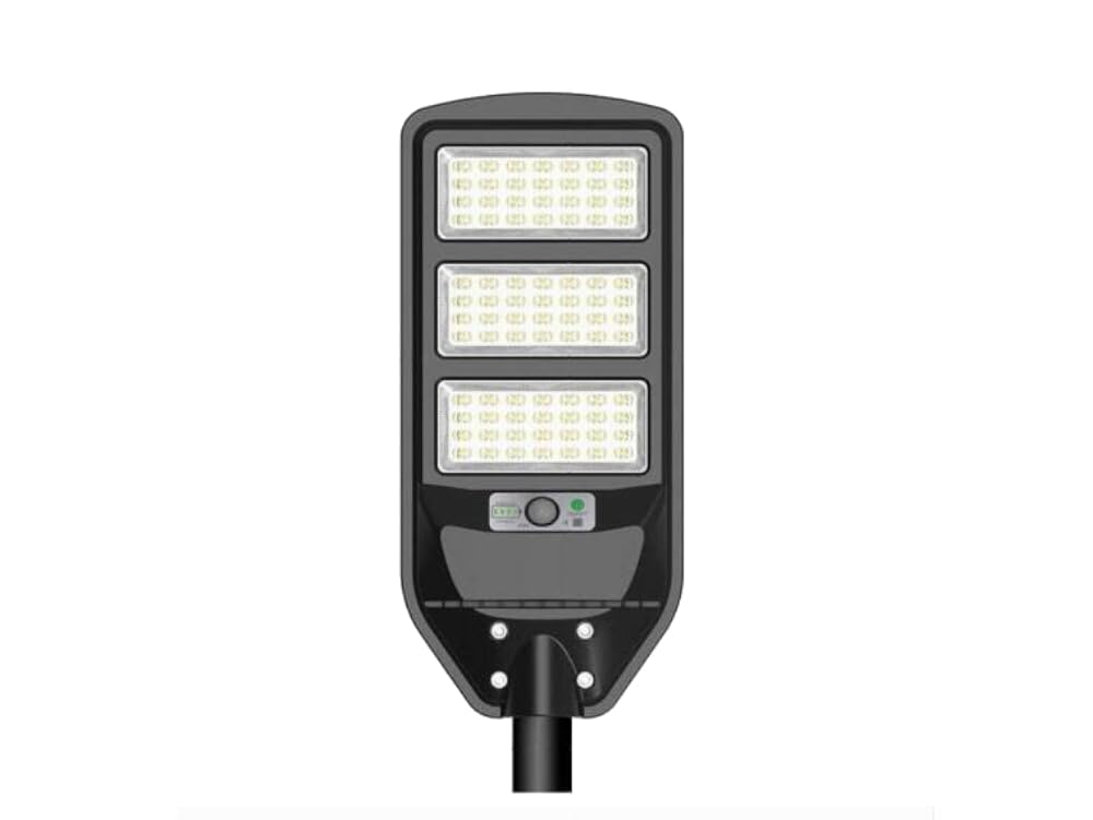 UNIVERSO J02-180W-F LAMPIONE STRADALE LED 180W EQUIVALENTI CON PANNELLO SOLARE FOTOVOLTAICO E SENSORE DI MOVIMENTO IP65 1800 LUMEN