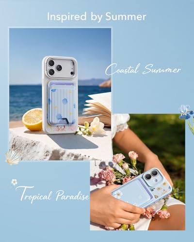 Image of ESR Aura for MagSafe Wallet for Women, RFID Blocking, MagSafe Sticker Included, 5 Cards Holder Magnetic Wallet for iPhone 17e /17 /16 /15 /14 /13 /12 & Select Samsung, Tropical Paradise, Light Blue