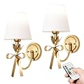 Adust Battery Operated Wall Sconce Set of Two, Antique Brass Bow Wall Sconces Remote Control Dimmable Rechargeable LED Light Bulb, 3 Color Temps LED for Bedroom Living Room Decor