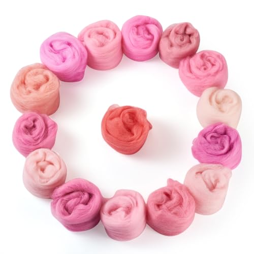 Image of Boutigem 15 Colors 75G Pink Needle Felting Wool Roving, DIY Craft Spinning Wool Roving for Needle Felting, Wool Felting Supplies Chunky Yarn for Beginners DIY Hand Spinning, Weaving and Blending