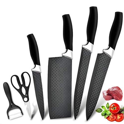 Juego de Cuchillos de Cocina Japoneses 6 Piezas, Cuchillo Chef 8', Cuchillo Carne, Cuchillo Verdura, Revestimiento Diamante, Mango Madera, Regalo de Mudanza