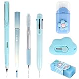 MOTIBACK Kugelstiftsatz Geschenkset 7-Teilig mit Ballpoint Stift Bleistift Gelstift Textmarker Universalmesser Korrekturband Radiergummi Schulbeginn für Saison Geschenk-Blau