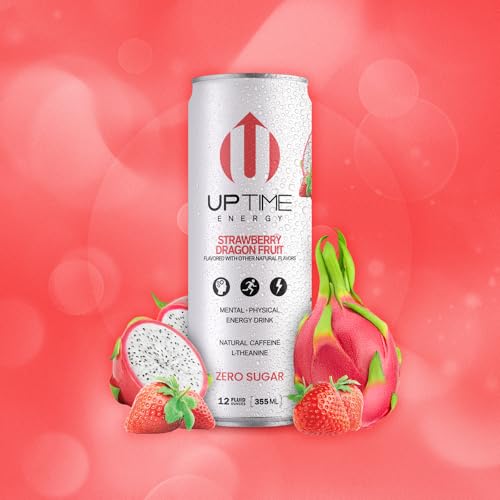 UPTIME Energy Drink, Strawberry Dragon Fruit Sparkling, 12 Pack, L Theanine, Calcium, Zero Sugar Energy Drinks for Focus Support, 142mg Natural Caffeine, 0 Calories, Natural, 12 fl oz Cans