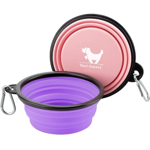 Image of Collapsible Dog Bowls for Travel, 2-Pack Dog Portable Water Bowl for Dogs Cats Pet Foldable Feeding Watering Dish for Traveling Camping with Carabiners, BPA Free (Purple&Pink, Large)