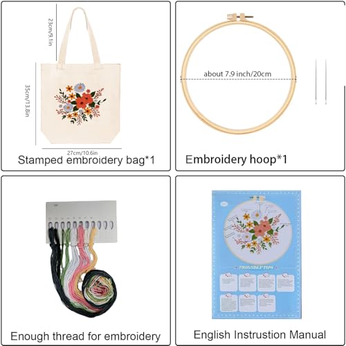 Image of Huacan Embroidery Canvas Bag Kits for Adults Beginner Stamped Flowers Pattern DIY Cross Stitch Printed Flower Stitching Sewing Kit