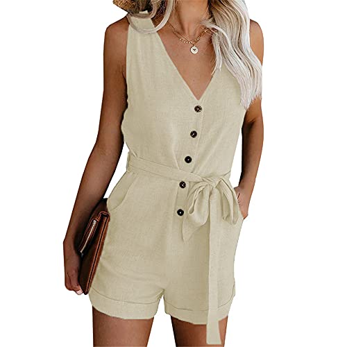 Image of Qichenx Women's Jumpsuit Sleeveless High Waist Short Jumpsuit Elegant Trouser Suit Women Summer Beach Wear Romper (Apricot, M)