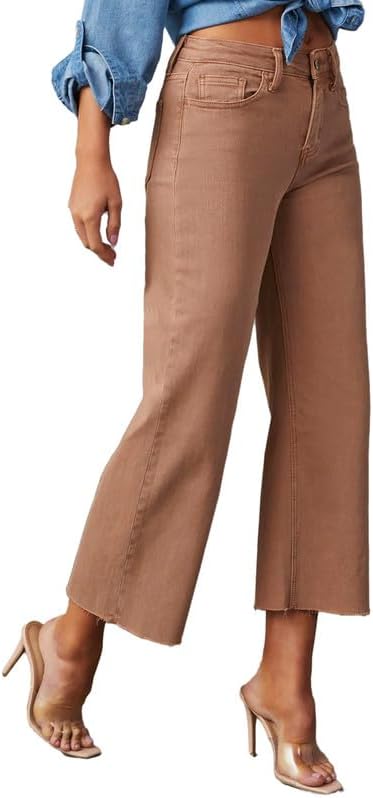 Allimy Women's High Waisted Straight Ankle Wide Leg Ripped Jeans Frayed Hem Stretchy Capri Denim Pants - Image 7