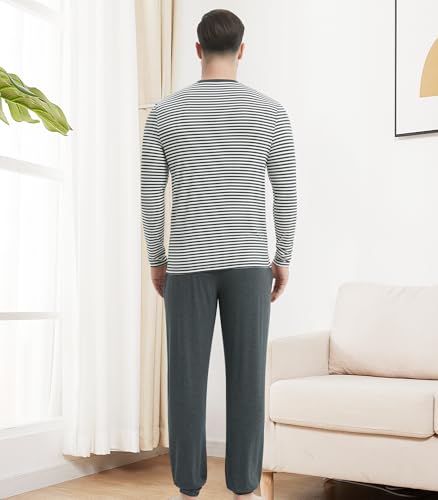 Image of NACHILA Mens Pajamas Set Long Sleeve Henley Sleepwear Top Soft Jogger Pants Pajamas Cool Pjs Set,Viscose Made from Bamboo