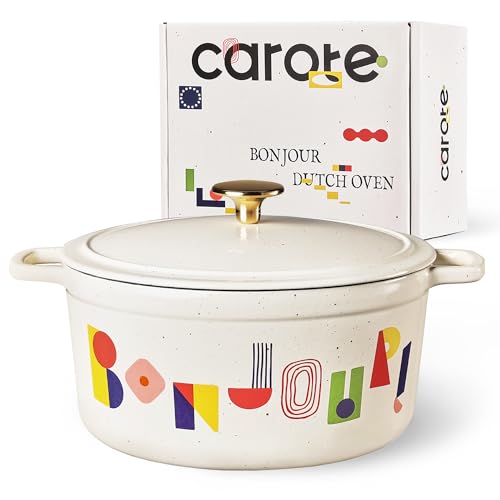 CAROTE 5QT Cast Iron Dutch Oven Pot with Lid, Enameled Floral Dutch Ovens with Gift Box, Versatile Heavy-Duty Cookware for Sourdough Bread Baking, Braising, Stews, Roasting, Healthy & Non-Toxic, All Stovetop Compatible, Oven Safe up to 500° F, Bonjour