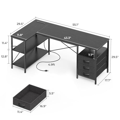 Huuger L Shaped Office Desk with Power Outlets, 55 Inch Computer Desk with 3 Drawers, Shelves, Reverisble for Gaming Corner Work Home Office Study, Black