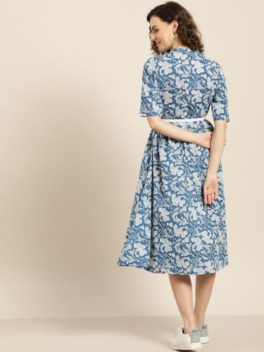 Image of Rama's Women's Printed Cotton One Piece Dress | V-Neck | 3 /4 Sleeves | Empire Waist | Knee Length Casual Dress for Women