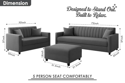 Image of 3+2 Fabric Sofa Set with Ottoman for Living Room | Modern Upholstered 5-Seater Couch | Soft Cushion, Premium Velvet Fabric - Grey Color