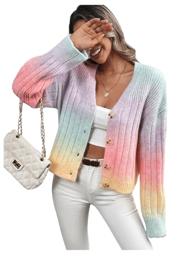Image of MakeMeChic Women's Colorful Chunky Cropped Cardigans Button Down Long Sleeve Drop Shoulder Rainbow Sweater Multicolor a Small