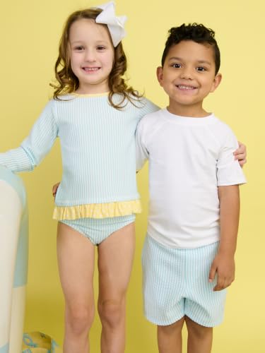 Image of RuffleButts Baby-Girls Seersucker Long Sleeve Rash Guard - One Piece Swimsuit UPF 50+ Toddler