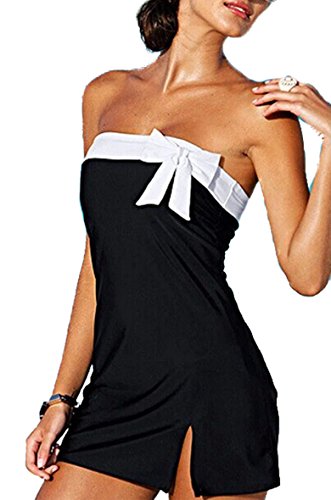 Sexy Women Bustier Bow Swimsuit Strapless Swimdress Black