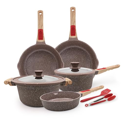 AIKENBBKK Juego de ollas y sartenes de cerámica de 9 piezas, sartén con tapa 20/24/28cm, cacerola 20cm, olla 4.7L, juego de ollas con revestimiento cerámico antiadherente y mango extraíble- Marrón