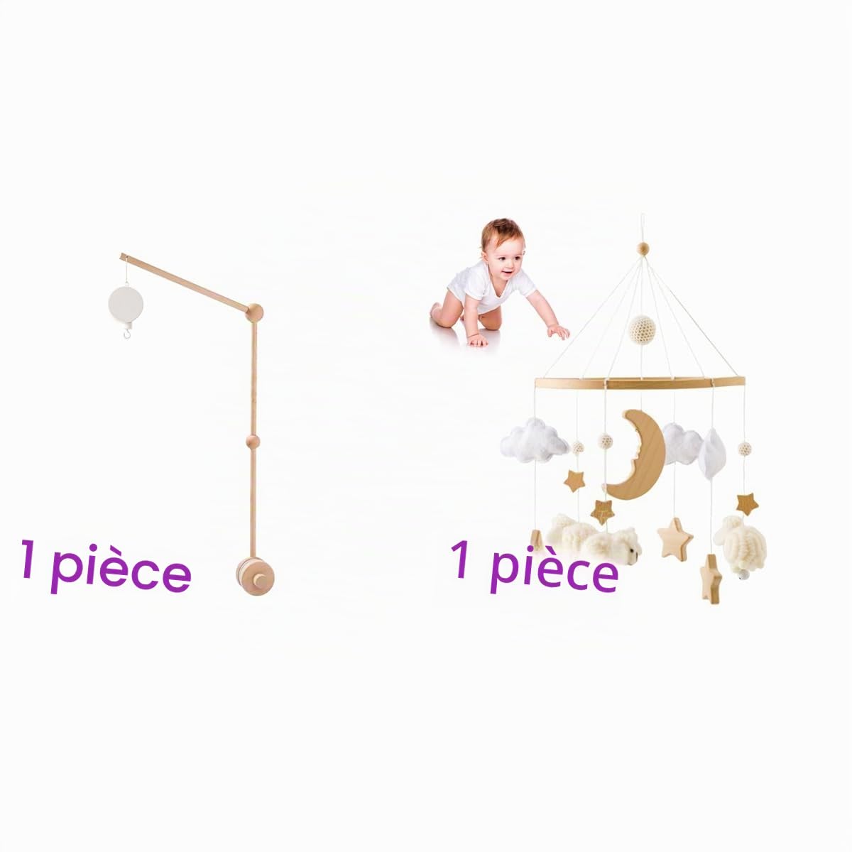 Mobile Lit Bébé Mouton avec Support Mobile Bébé Réglable et Boîte à Musique, Mobile Bébé Bois, Mobile Musical Lit Bébé, Carillon de Vent Suspendu pour Lit Bébé, Cadeau Bébé Nouveau-né (Beige)