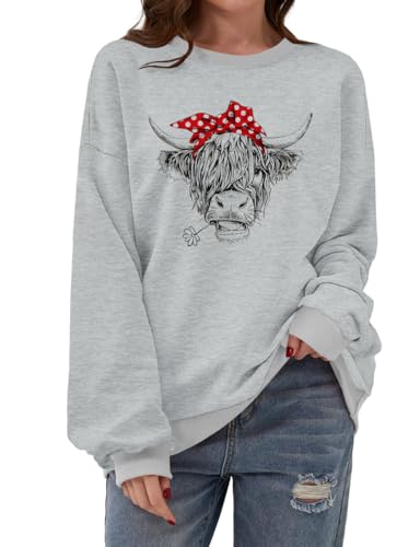 Women Highland Cow Sweatshirt Cute Cowgirl Gift Christmas Farm Sweatshirt Ribbon Long Sleeve Shirts