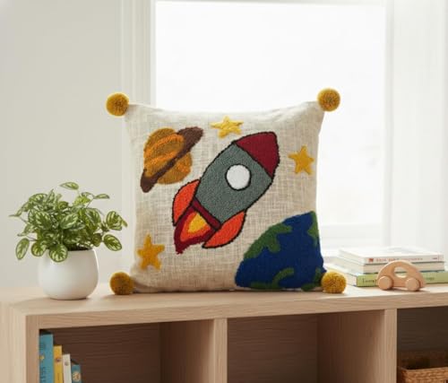 Image of Embroidered Kids Cushion Cover 16 x 16 Inches or 40x40 cms Cotton Fabric Space Theme Cushion Covers for Sofa Set /Diwan Beds, Space Rocket Planet Cartoon Throw Pillow, Set of 1 Pc