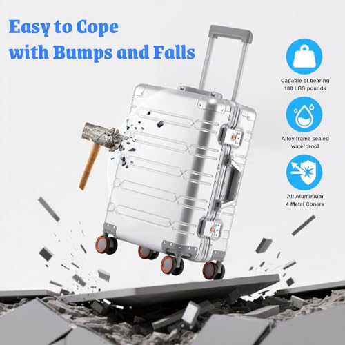 YYW All-Aluminum Carry-On Luggage, Reinforced Metal Corners for Business Travel, Carry it with one hand, Silent Wheels with Smooth Ride (All aluminum 60 [silver],20inch-35x23x55cm)3