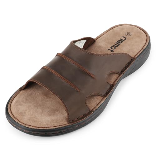 Image of riemot Mens Leather Slide Sandals Comfortable Lightweight Summer Beach Slides with Memory Foam Footbed Casual Walking Cushioning Slip on Sandal Indoor & Outdoor US 9-14