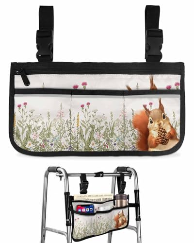 Anzona Fall Squirrel Wheelchair Side Bag Walker Bag, Rustic Autumn Pine Cones Botanical Wheelchair Accessories Armrest Pouch, Organizer Storage Bag for Walkers, Rollators, Scooters, 7.3''x13''