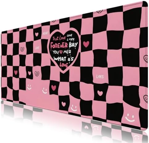 Pink Desk Mat, Checkered Large Mouse Pad for Desk, Non-Slip Mousepad with Stitched Edges, Love XXL Keyboard Mat for Computer Desktop (Heart Checkered)