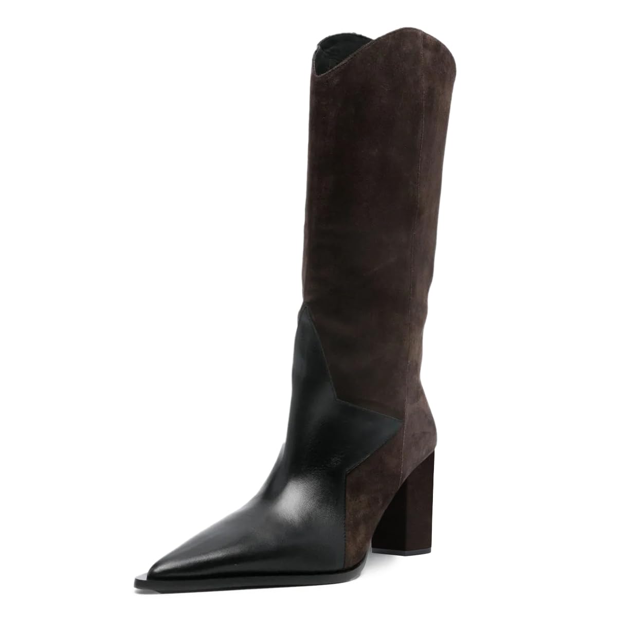 FOWT Women Stylish Pointed Toe Two Tone Patchwork Mid Calf Boots Pull on Chunky High Heel Long Boots