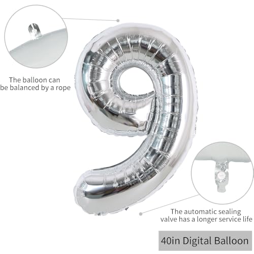 Image of TONIFUL 40 Inch Silver Number 9 Balloon Large Foil 9th Birthday Decorations | Silver 9 Balloon Number Nine for 9th 39th 90th Birthday 9 Year Anniversary, Silver Birthday Decor for Men Women Boys Girls