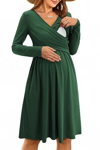 Image of OUGES Womens 2025 V-Neck Maternity Nursing Breastfeeding Baby Shower Dress Long Sleeve Fall Clothes with Pockets