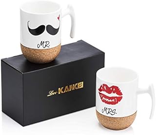 Love-KANKEI Mr and Mrs Ceramic Mugs with Novelty Cork Bottom - Wedding Gifts/Valentines Gifts for Couples - Set of 2/10.5 oz