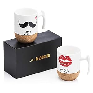 Love-KANKEI MR MRS Tassen Kaffeetassen Hochzeitsgeschenk Tassen für Paare 300ml, Korkboden Design Keramik, Geschenk für…